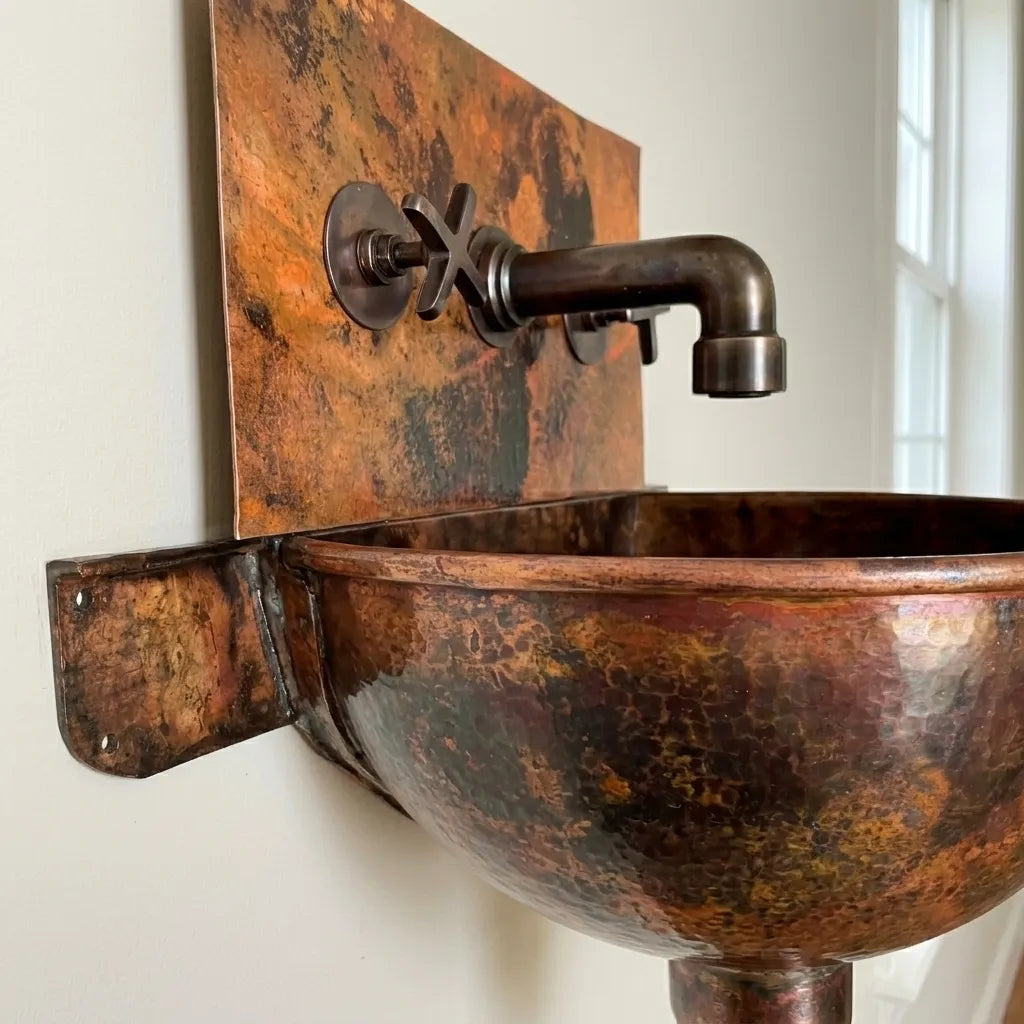 Wall Hung Copper Bathroom Sink with Faucet & Patina Finish
