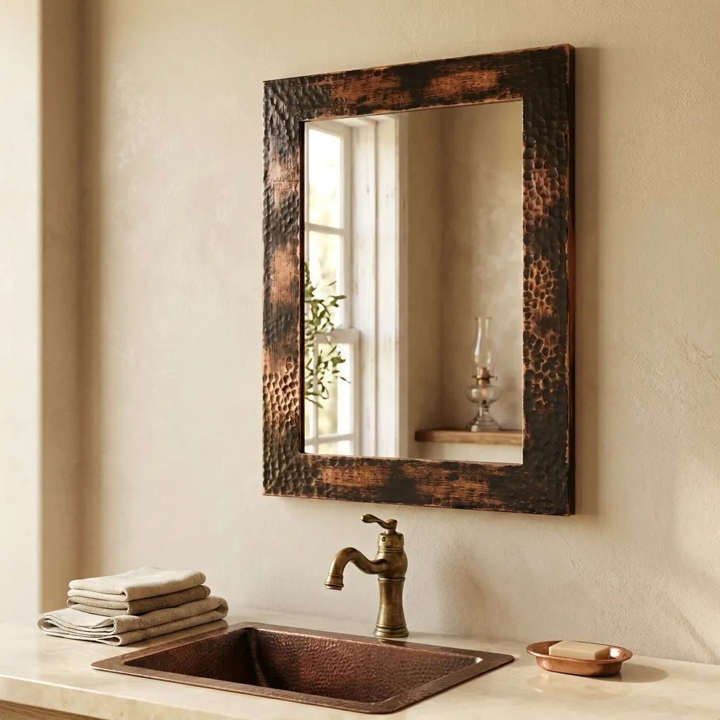 Aged Hammered Copper Bathroom Mirror – Rustic Vanity Decor