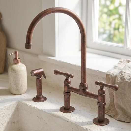 Aged Copper Bridge Kitchen Faucet with Side Sprayer