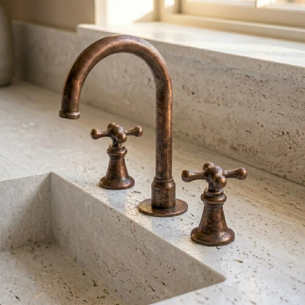 Rustic Copper Widespread Vanity Faucet with Cross Handles