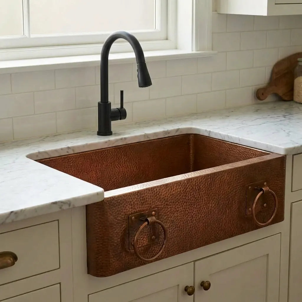 Copper Apron Front Kitchen Sink with Hammered Basin and Ring Detail