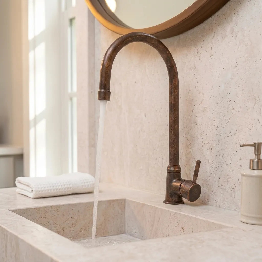 Rustic Solid Copper Vanity Faucet with Curved Spout