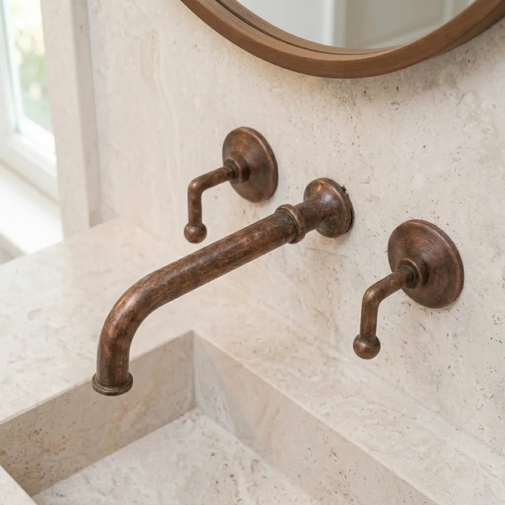 Handmade Aged Copper Wall Mount Bathroom Faucet with Lever Handles