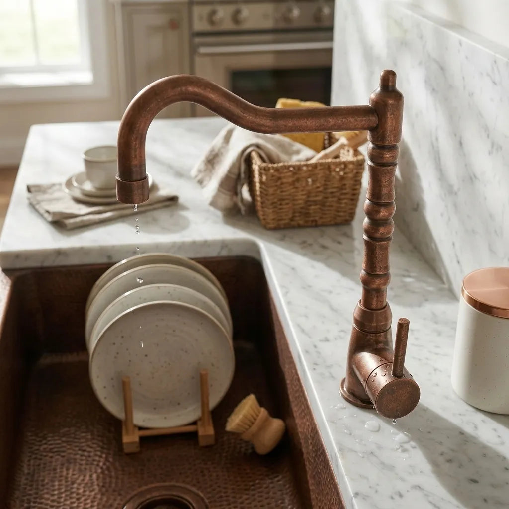 Aged Copper Kitchen Faucet with High Arc Swivel Spout