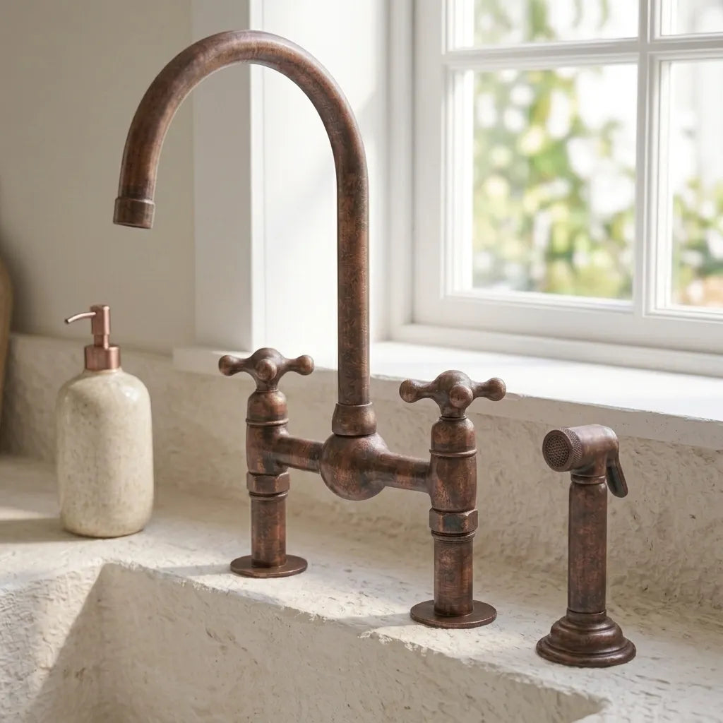 Handmade Aged Copper Bridge Kitchen Faucet with Side Sprayer