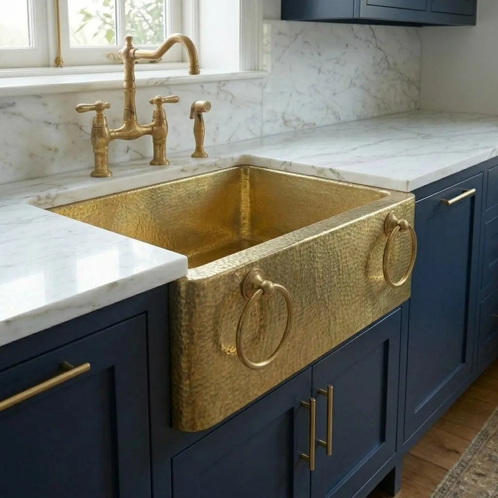 Handmade Hammered Brass Apron Front Farmhouse Kitchen Sink with Ring Handles
