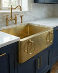 Handmade Hammered Brass Apron Front Farmhouse Kitchen Sink with Ring Handles
