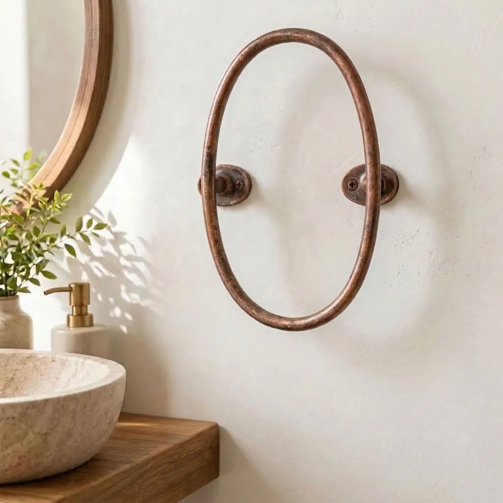 Aged Copper Oval Towel Holder for Rustic Bathroom Walls