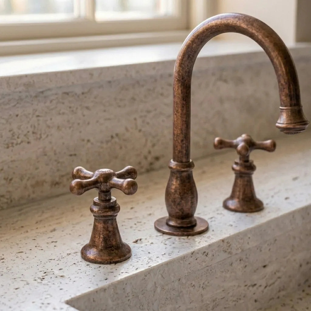 Aged Copper Widespread Bathroom Faucet with Cross Handles