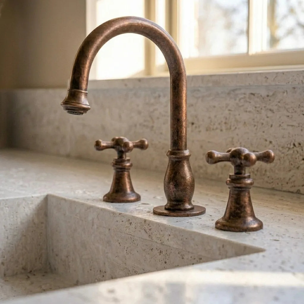 Aged Copper Widespread Bathroom Faucet with Cross Handles