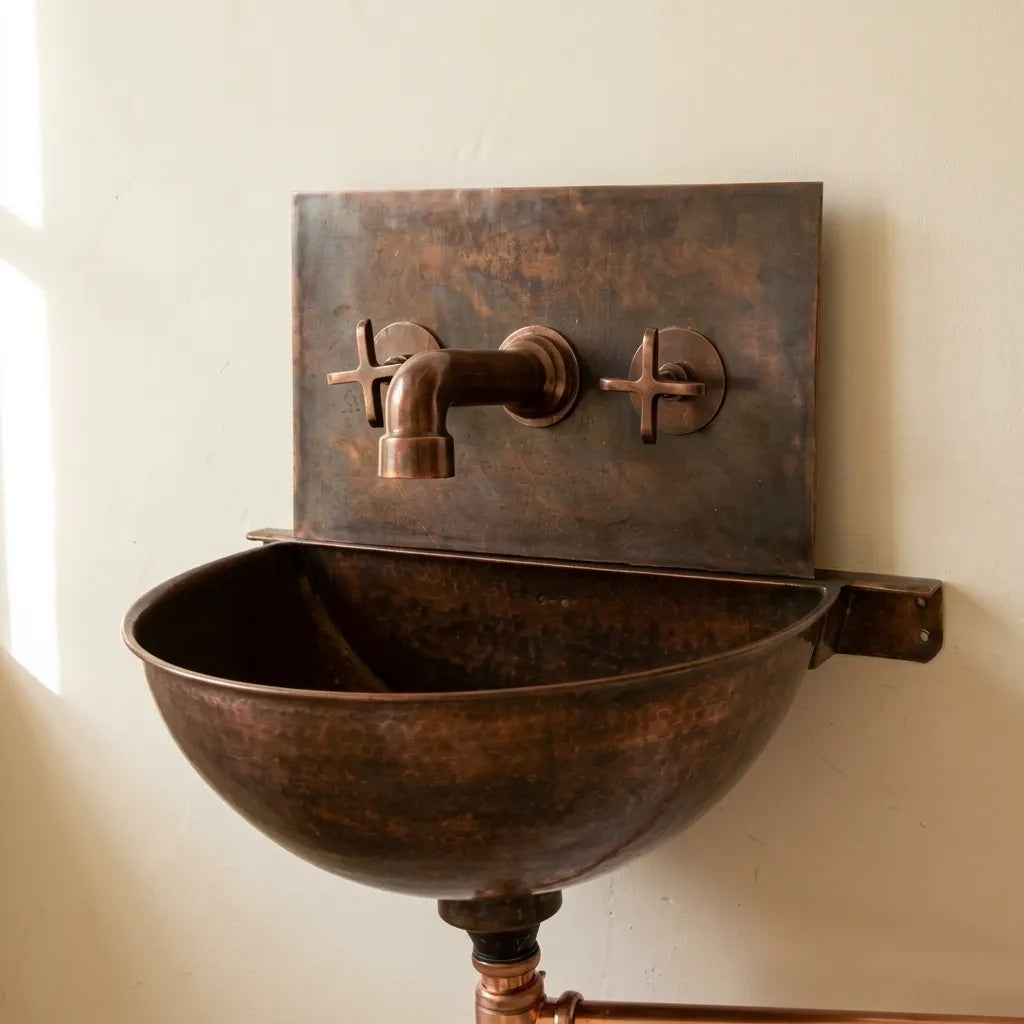 Rustic Copper Wall Mount Sink with Faucet and Patina Basin