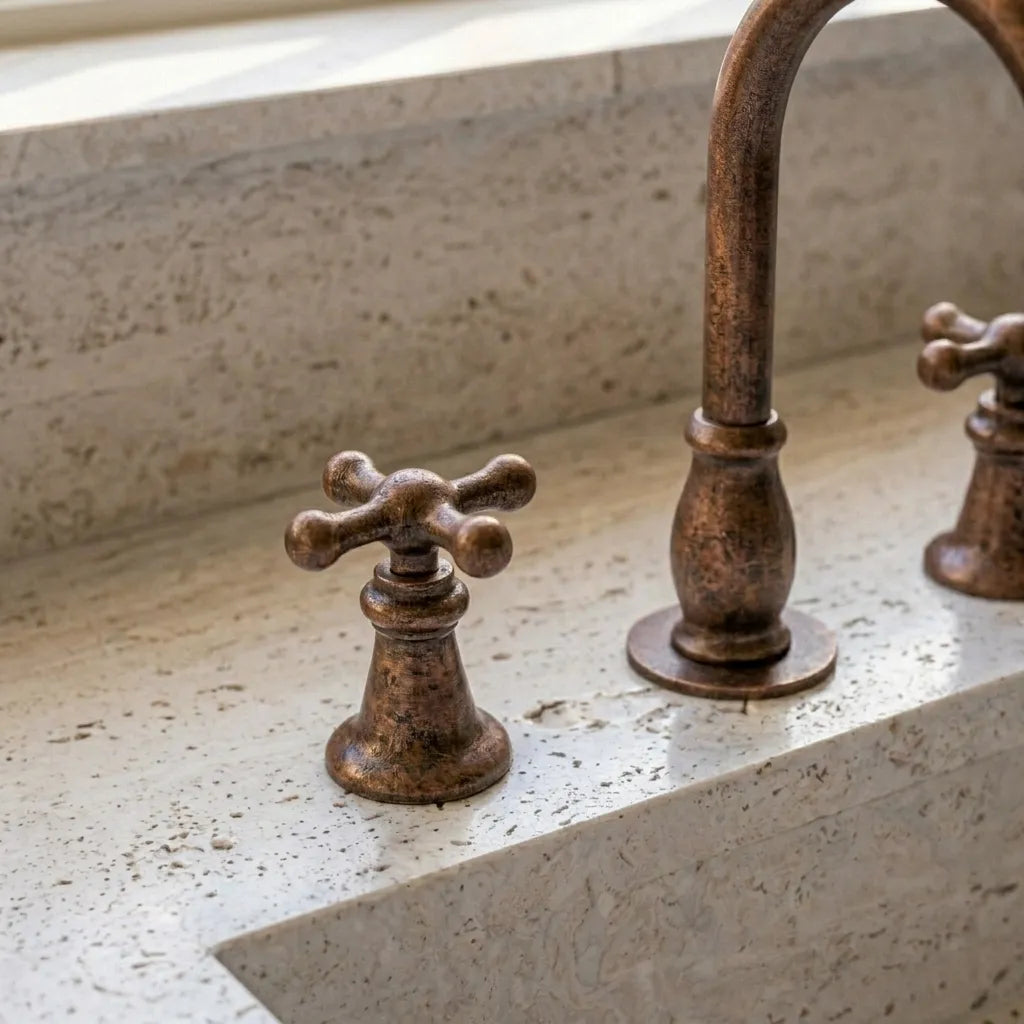 Aged Copper Widespread Bathroom Faucet with Cross Handles