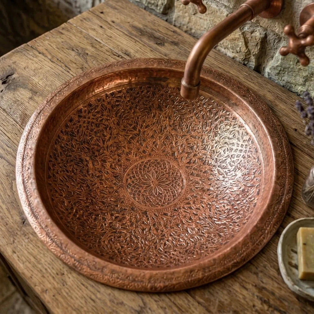 Handmade Hammered Copper Drop-In Bathroom Sink Basin