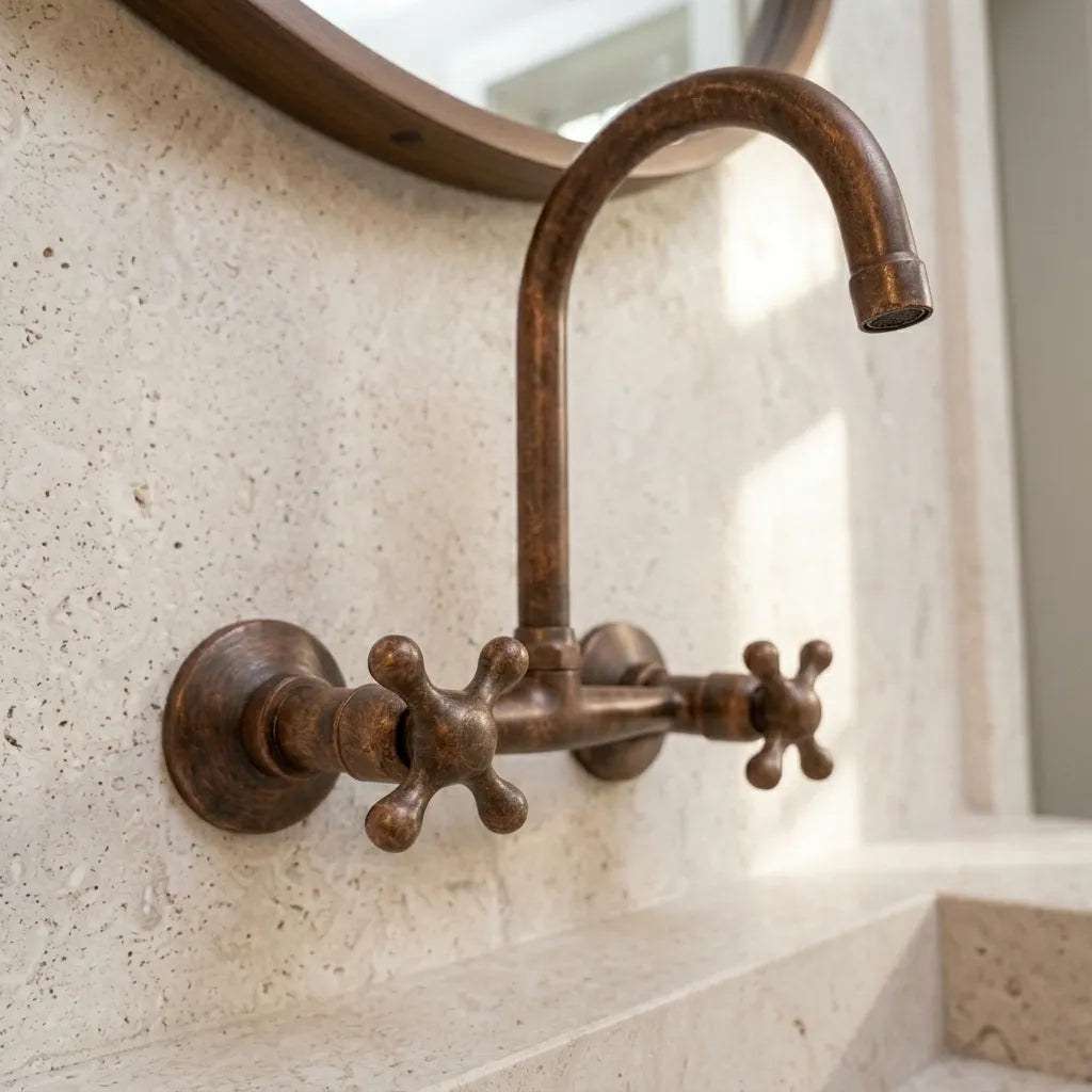 Vintage Copper Wall Sink Faucet with Goose Neck Spout