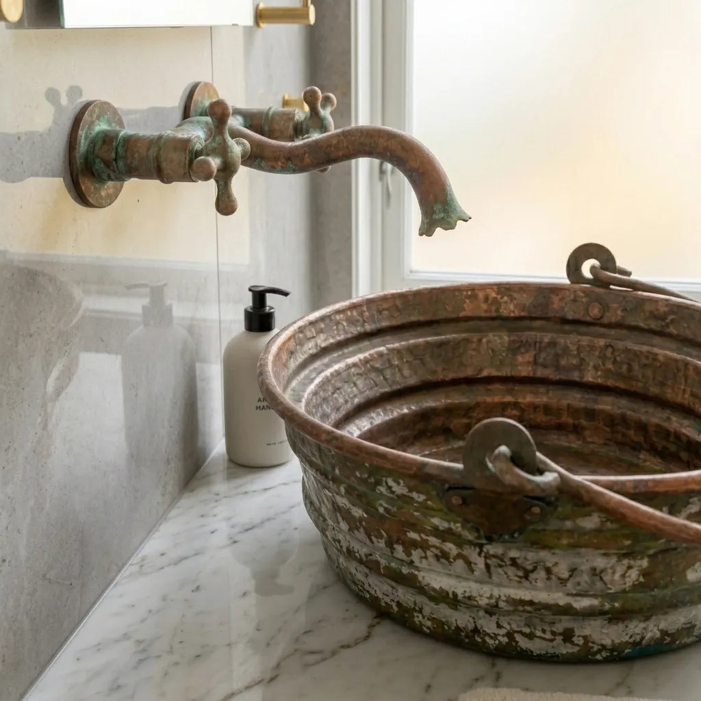 Rustic Green Patina Copper Vessel Sink with Handles