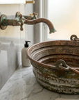 Rustic Green Patina Copper Vessel Sink with Handles