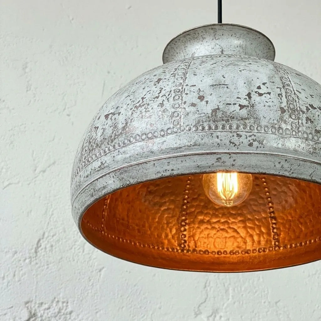 Handmade White Patina Copper Dome Pendant Light for Farmhouse Interiors