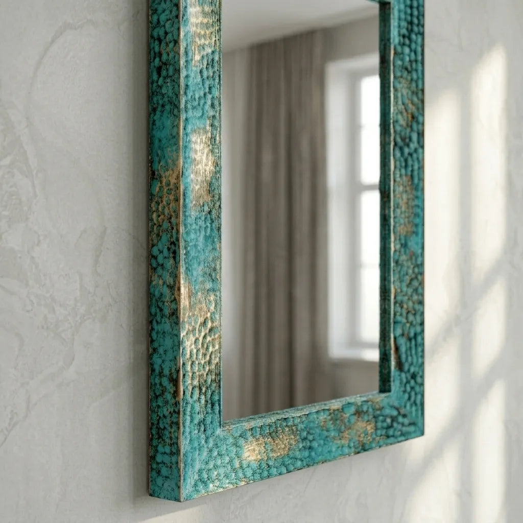 Turquoise Patina Copper Wall Mirror – Handmade Vanity Decor