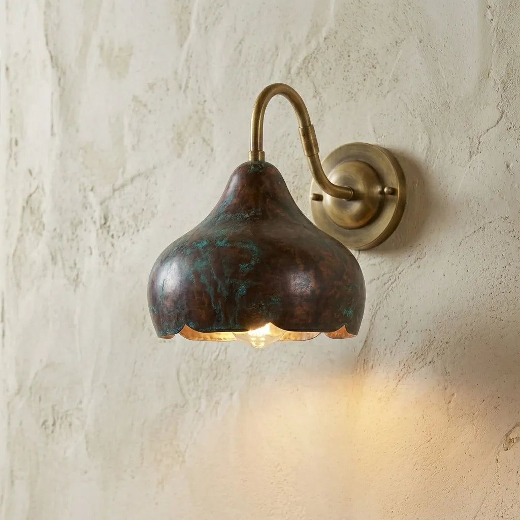 Handcrafted Patina Copper Sconce – Rustic Bedside Light