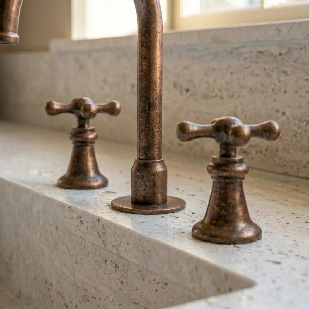 Rustic Copper Widespread Vanity Faucet with Cross Handles