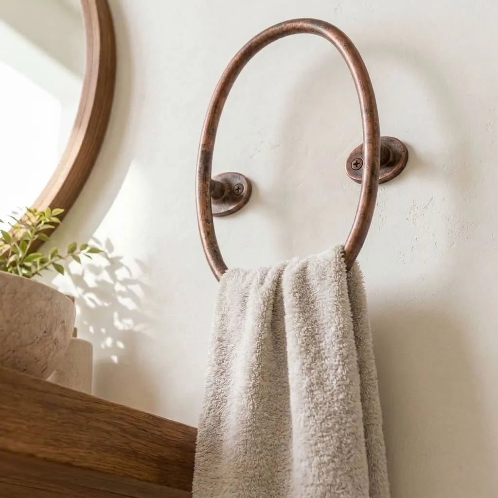 Aged Copper Oval Towel Holder for Rustic Bathroom Walls