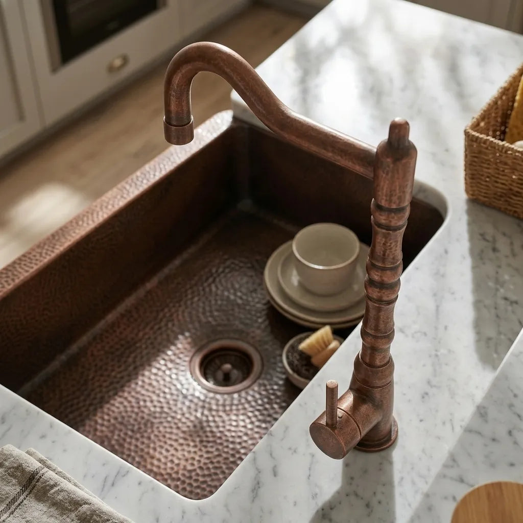 Aged Copper Kitchen Faucet with High Arc Swivel Spout
