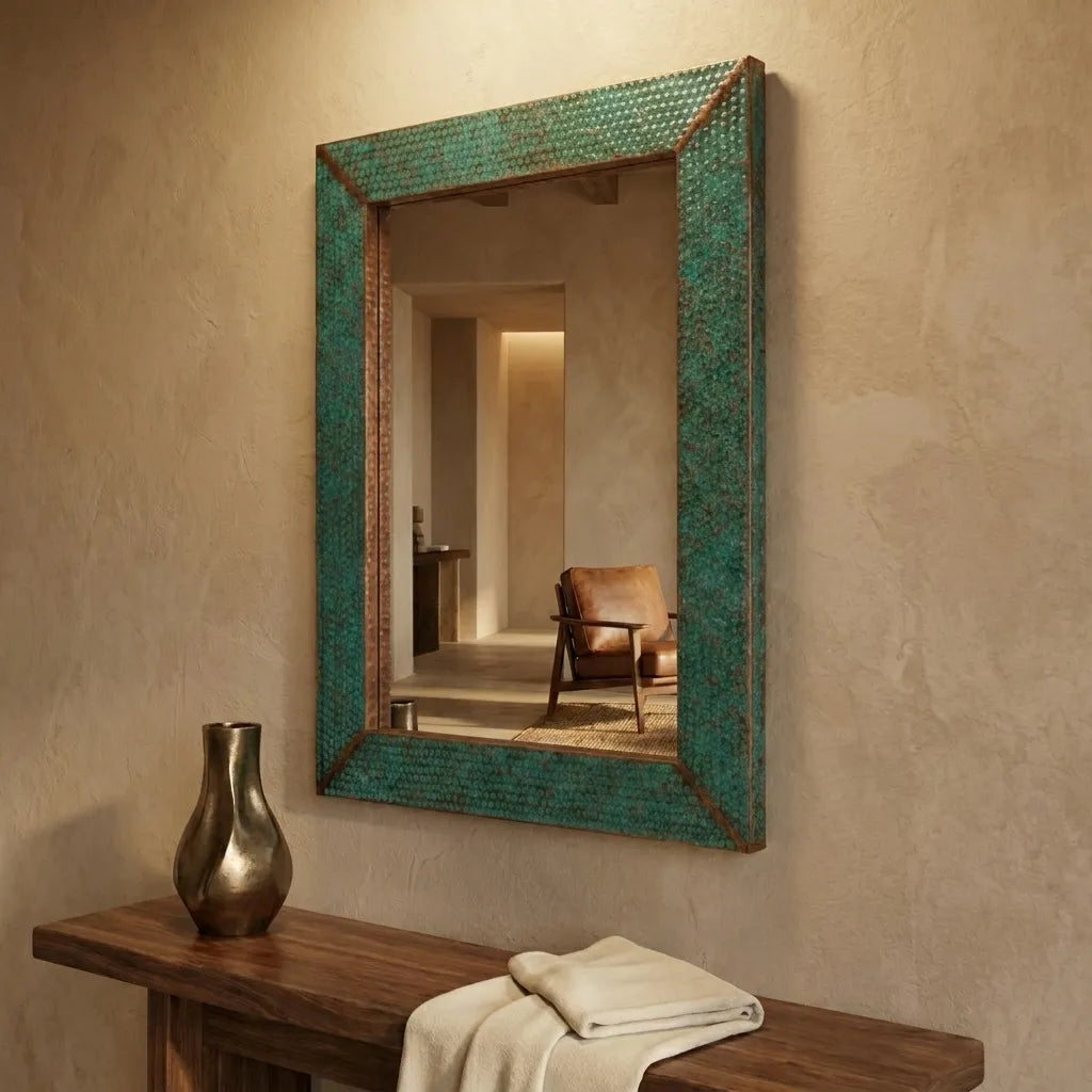 Verdigris Copper Wall Mirror – Rustic Hammered Vanity Decor