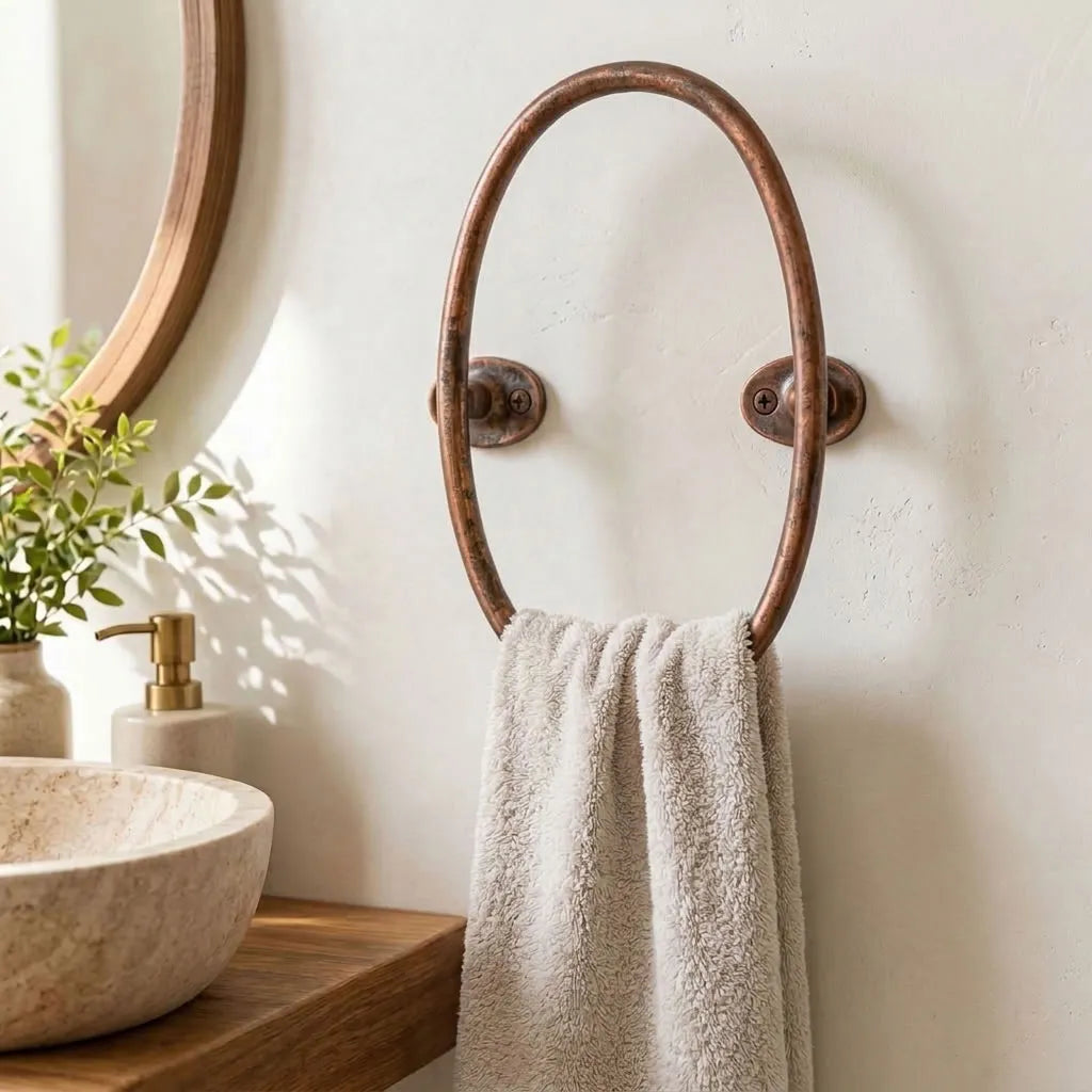 Aged Copper Oval Towel Holder for Rustic Bathroom Walls