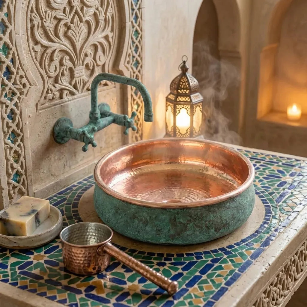 Verdigris Copper Vessel Sink – Round Moroccan Bathroom Basin
