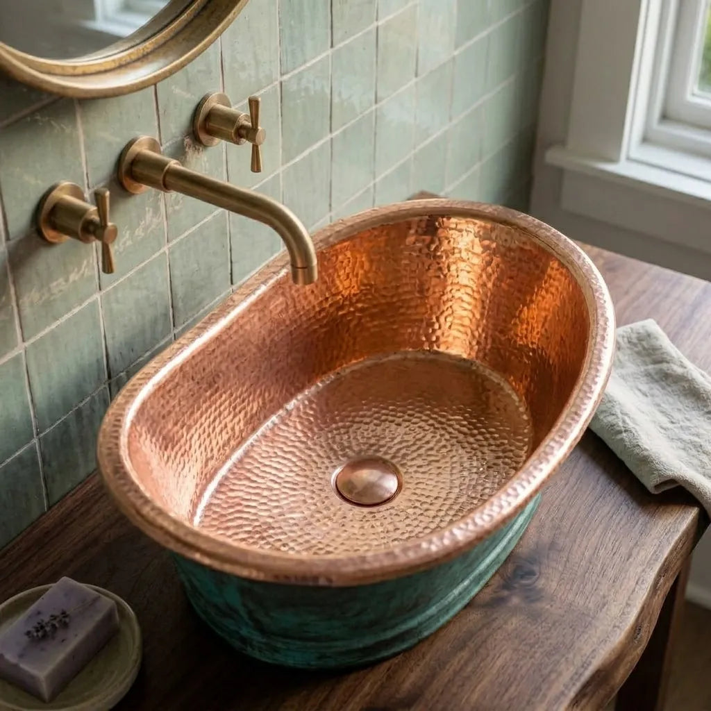 Green Patina Copper Vessel Sink – Rustic Oval Vanity Basin