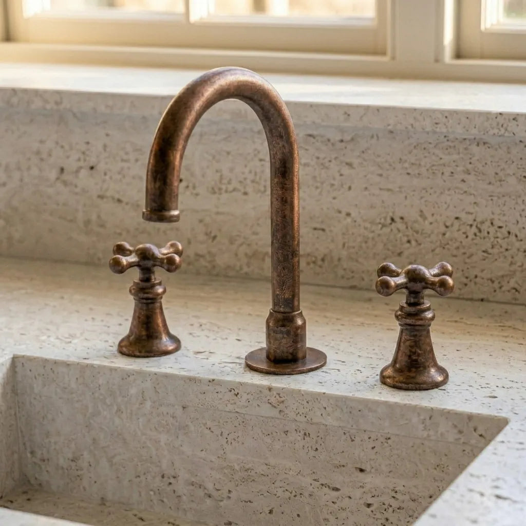 Rustic Copper Widespread Vanity Faucet with Cross Handles