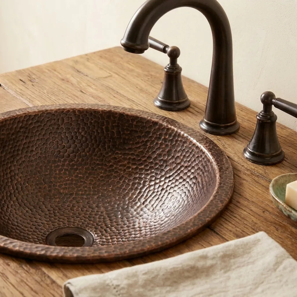 Hammered Copper Bathroom Sink Round Undermount Rustic Vanity Basin