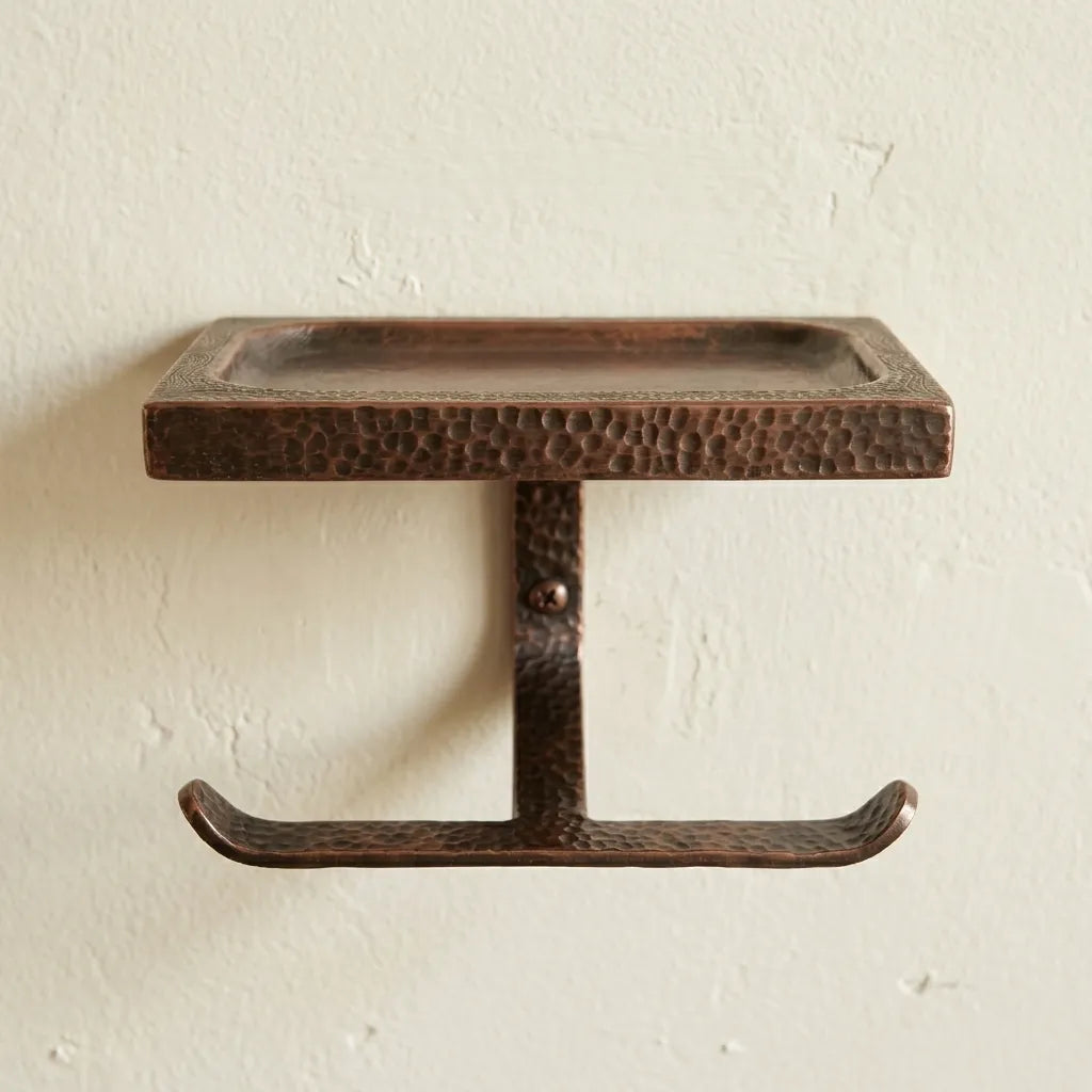 Hammered Copper Toilet Roll Holder with Bathroom Shelf