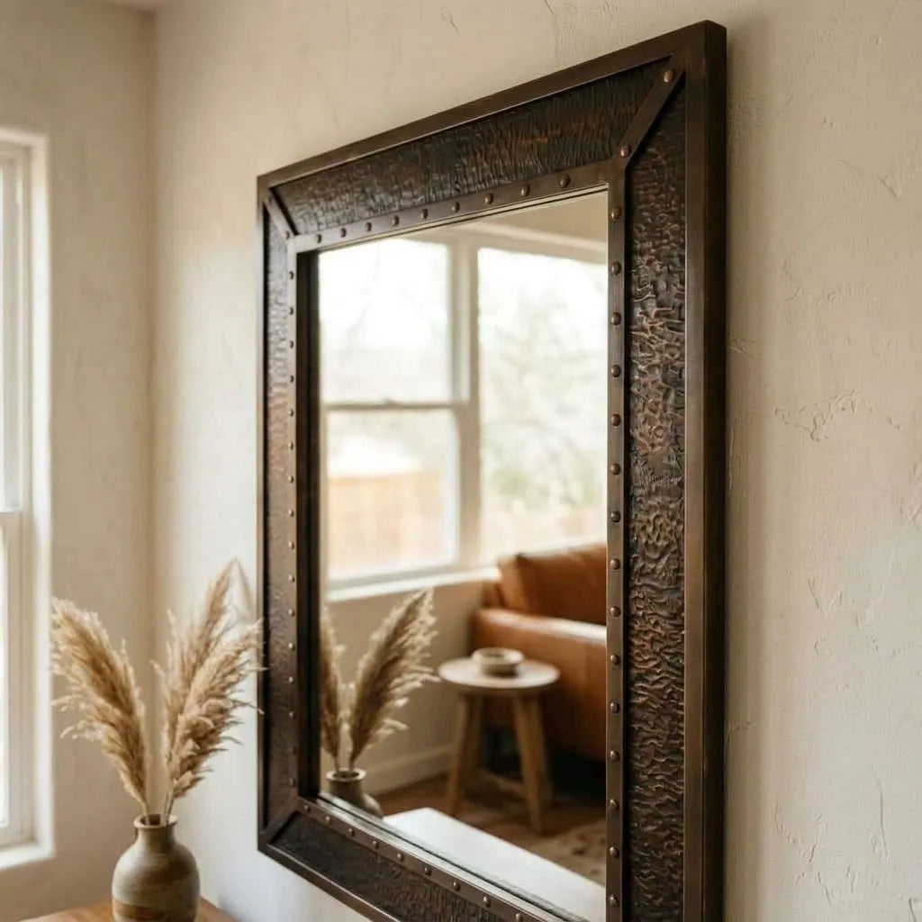 Rectangular Wall Mirror with Riveted Antique-Style Frame