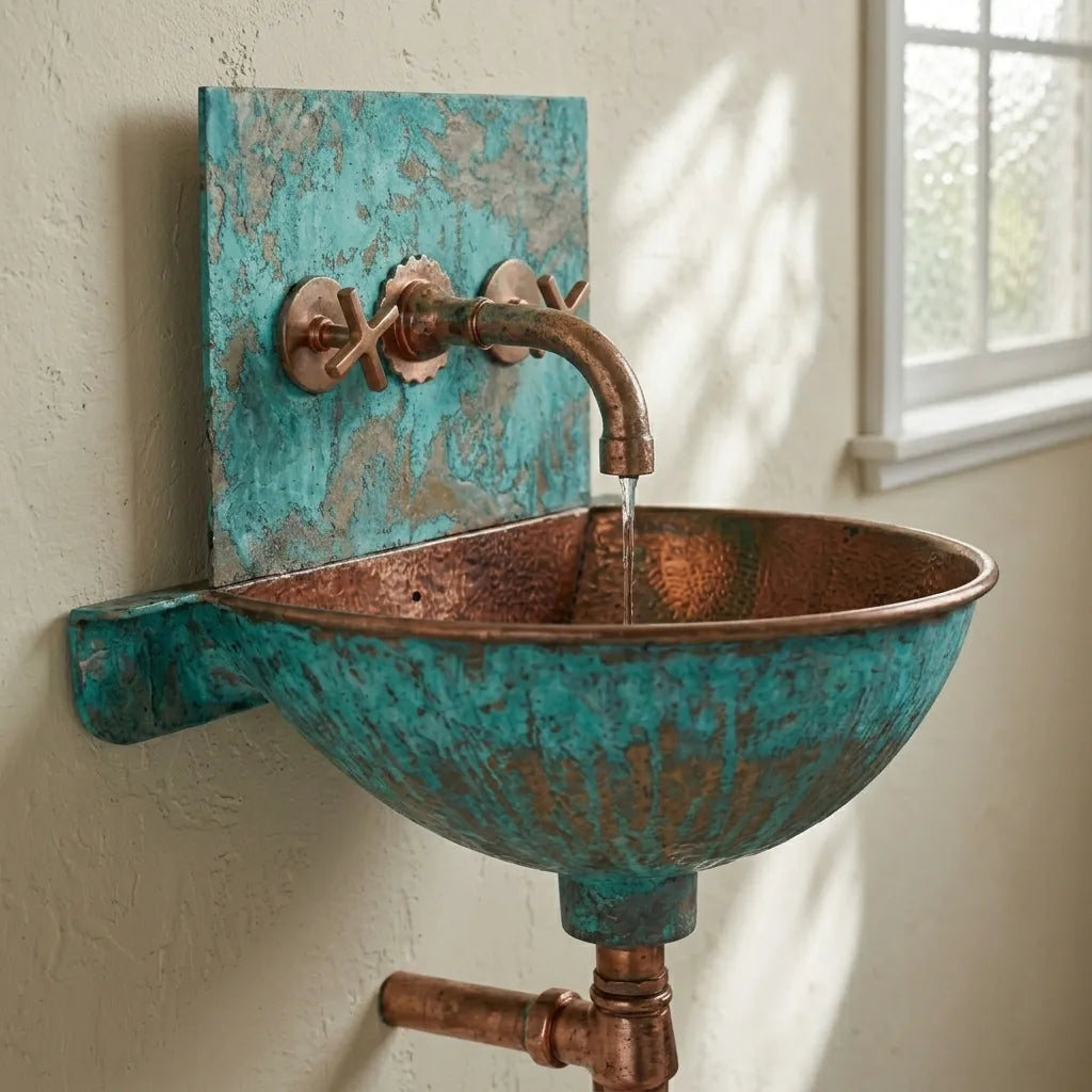 Verdigris Copper Wall Mount Sink with Rustic Faucet