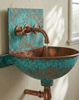 Verdigris Copper Wall Mount Sink with Rustic Faucet