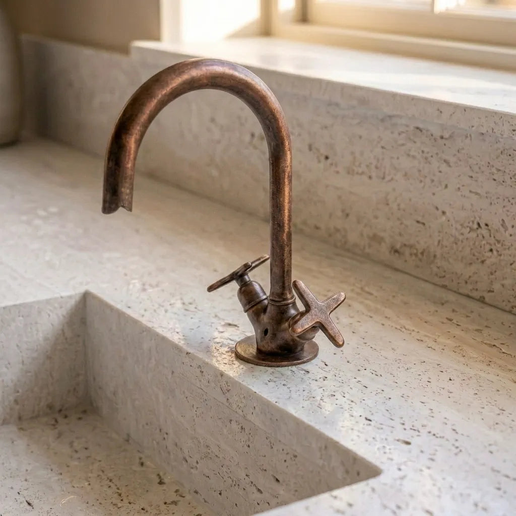 Rustic Aged Copper Vanity Faucet with Goose Neck Spout