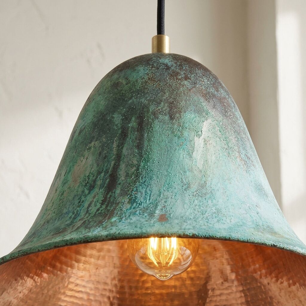 Handmade Oxidized Copper Pendant Light, Green Patina Dome Lamp