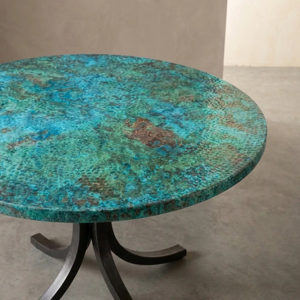 Verdigris Copper Coffee Table with Curved Artisan Base