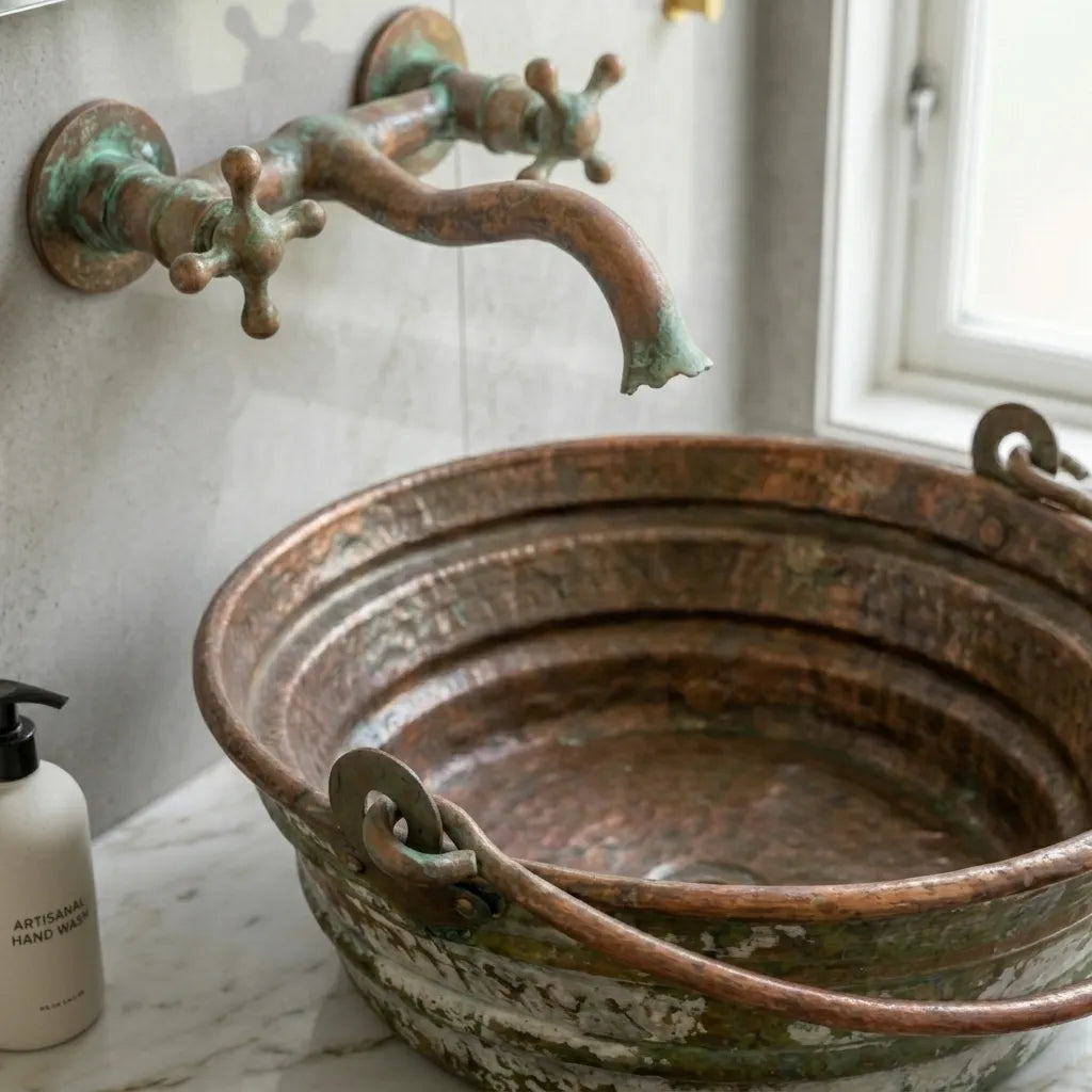 Rustic Green Patina Copper Vessel Sink with Handles
