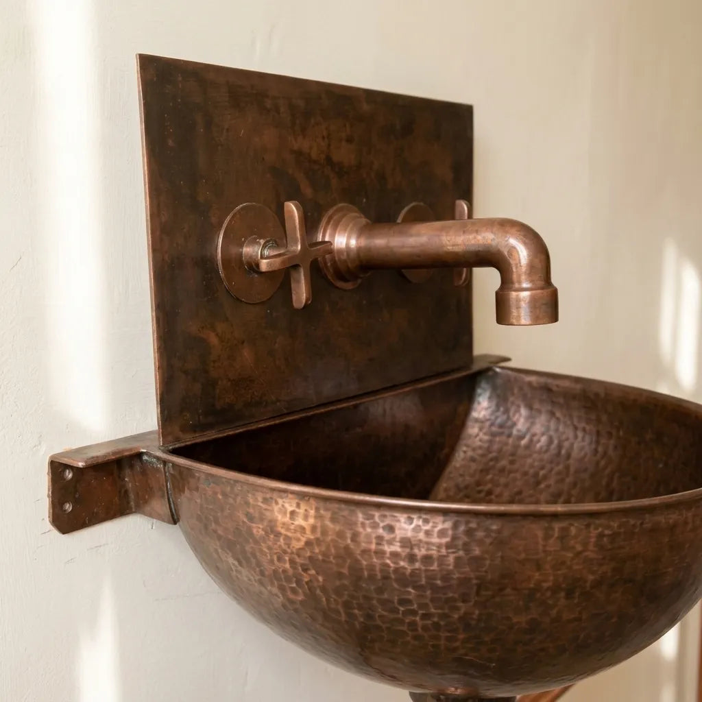 Rustic Copper Wall Mount Sink with Faucet and Patina Basin