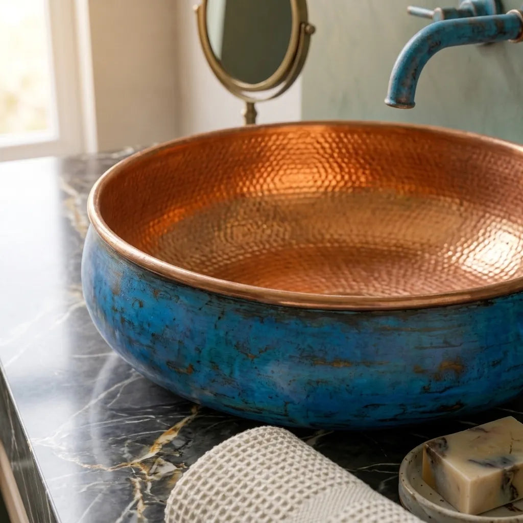 Handmade Blue Patina Copper Vessel Sink with Hammered Interior