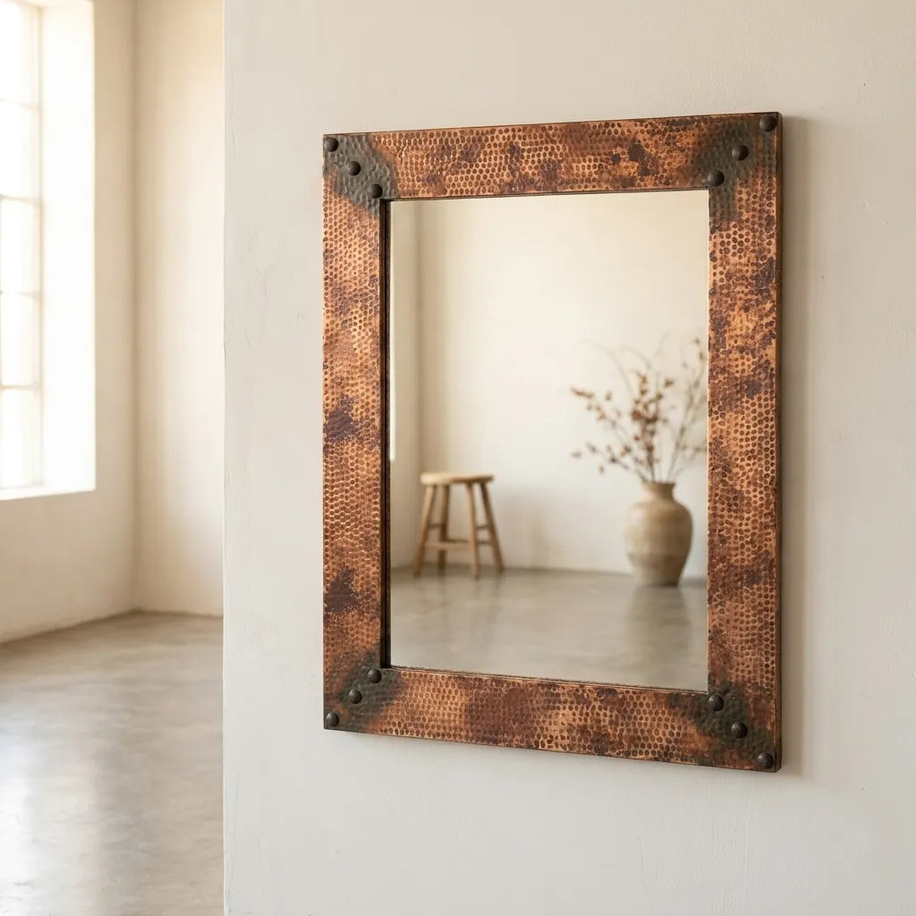 Hammered Copper Wall Mirror – Rustic Farmhouse Vanity Decor