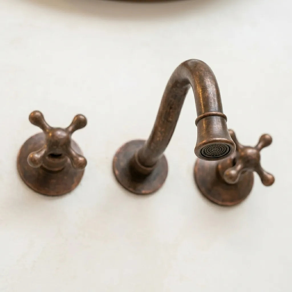 Aged Copper Wall Faucet with Vintage Cross Handles