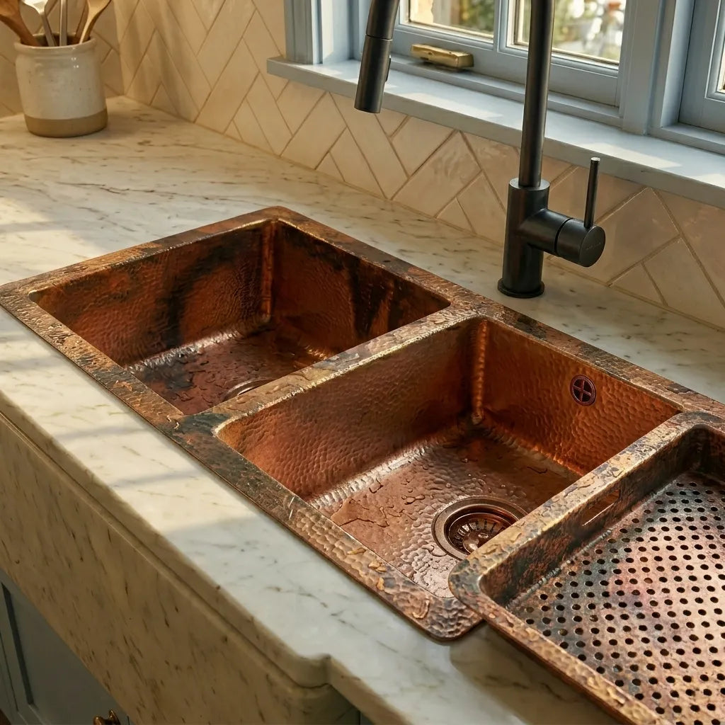 Hammered Copper Double Basin Kitchen Sink with Raised Drying Tray