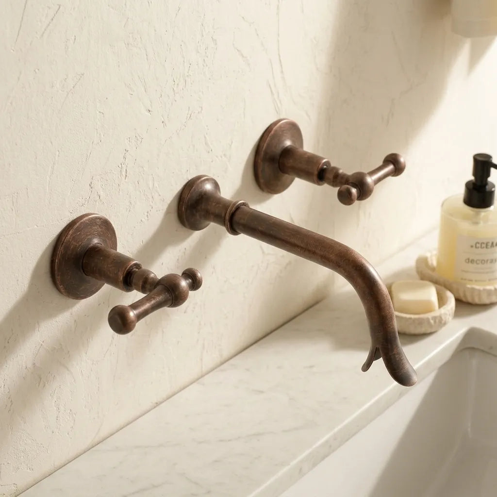 Handmade Patina Copper Wall Faucet with Dual Lever Handles