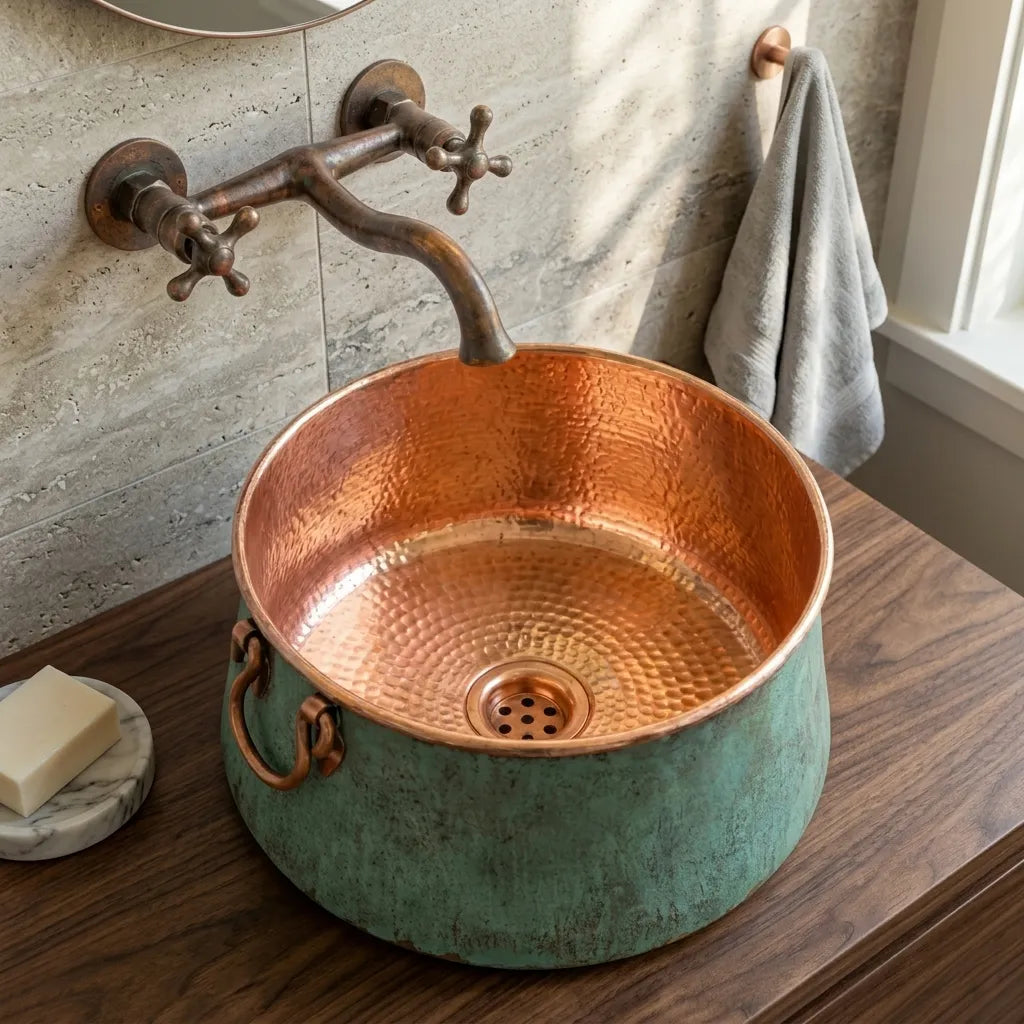Verdigris Copper Bucket Sink with Hammered Vanity Bowl