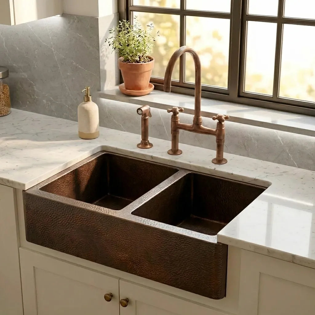 Hammered Copper Double Bowl Farmhouse Apron Kitchen Sink