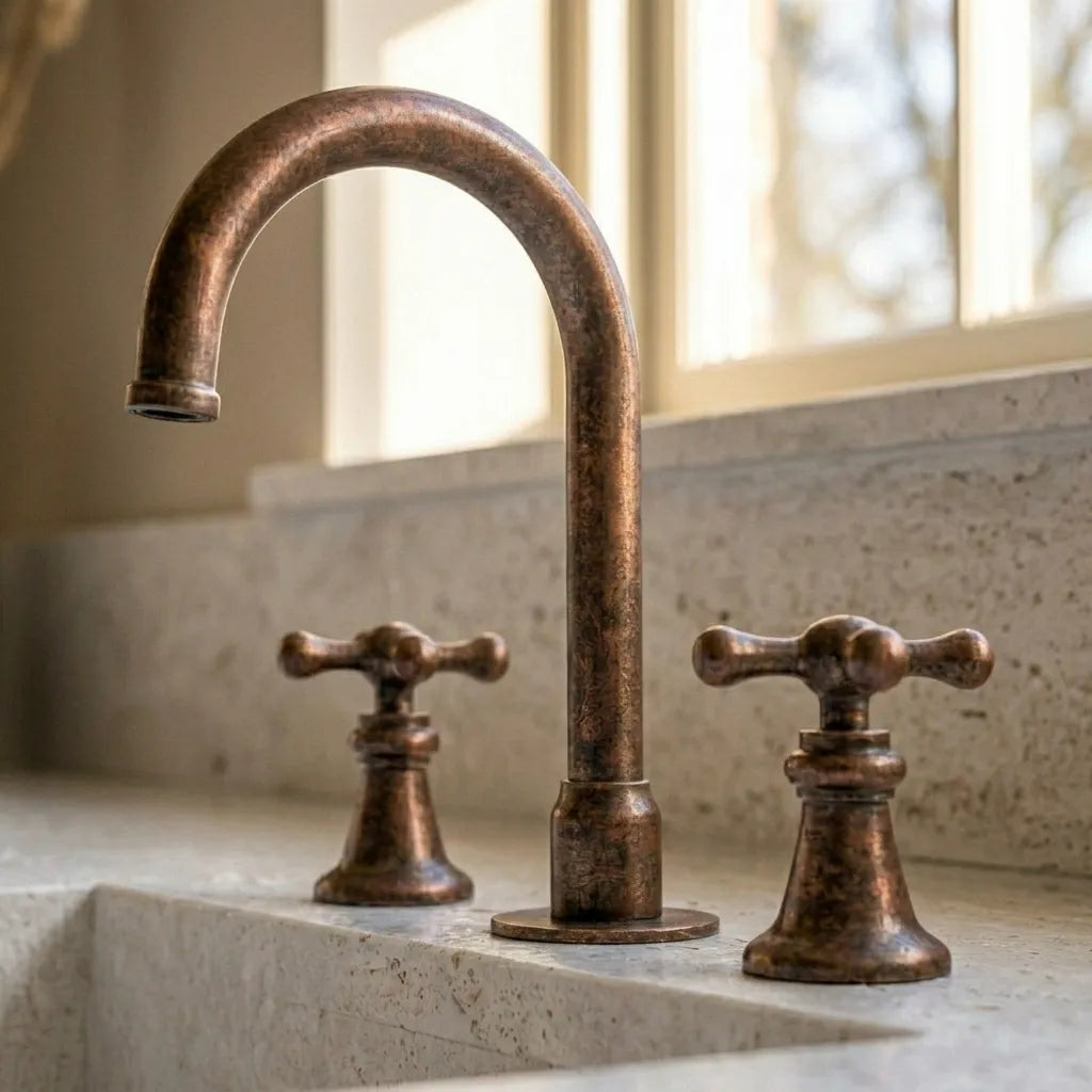 Rustic Copper Widespread Vanity Faucet with Cross Handles