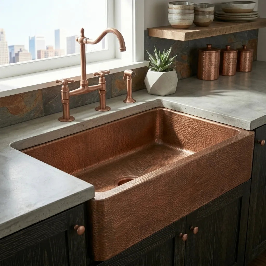 Handmade Hammered Copper Farmhouse Apron Front Kitchen Sink